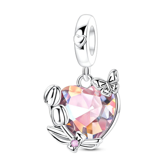 Rainbow Heart with Butterfly & Flowers Dangle Charm