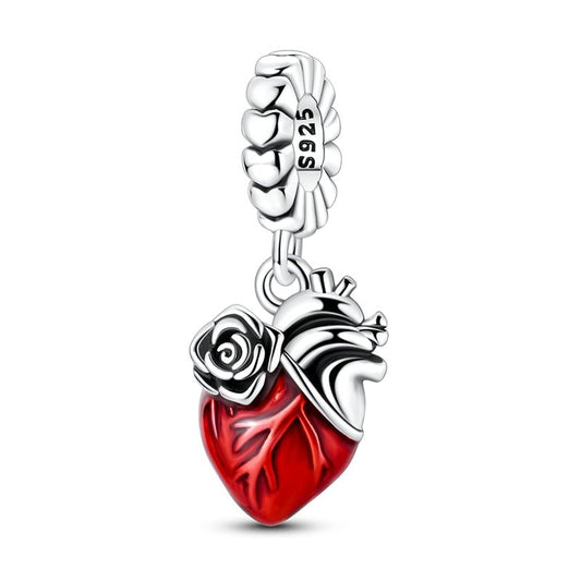 Red Anatomical Heart with Rose Dangle Charm