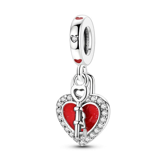 Red Heart Lock and Key Dangle Charm