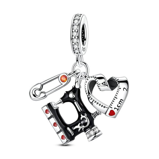 Sewing Machine, Tape Measure, & Safety Pin Triple Dangle Charm