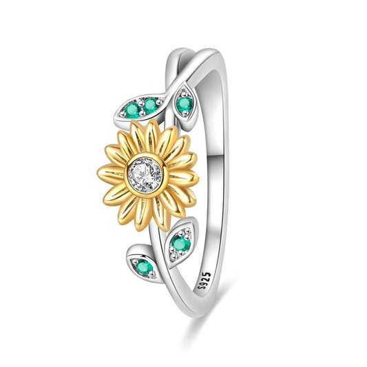 Sunflower & Green Leaf Ring