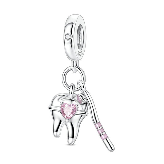 Tooth & Toothbrush Pink Heart Dangle Charm