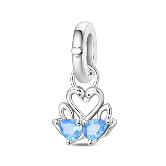 Two Swans with Blue Heart Crystals Dangle Charm